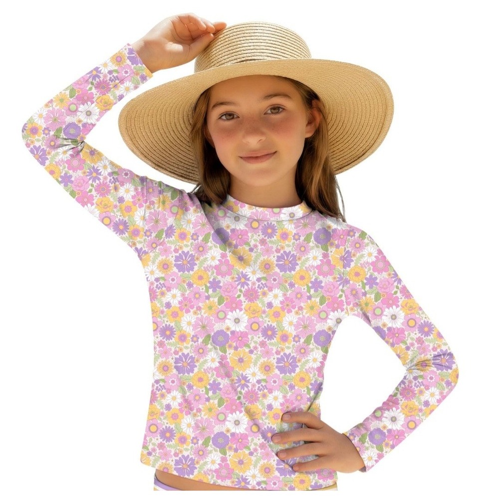 XATREN Girls Floral Rash Guard Long Sleeve Swim Top Pink Purple Orange 11-12Y